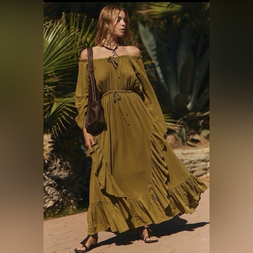 Free People off-the-shoulder green maxi dress with ruffles & a drawstring waist